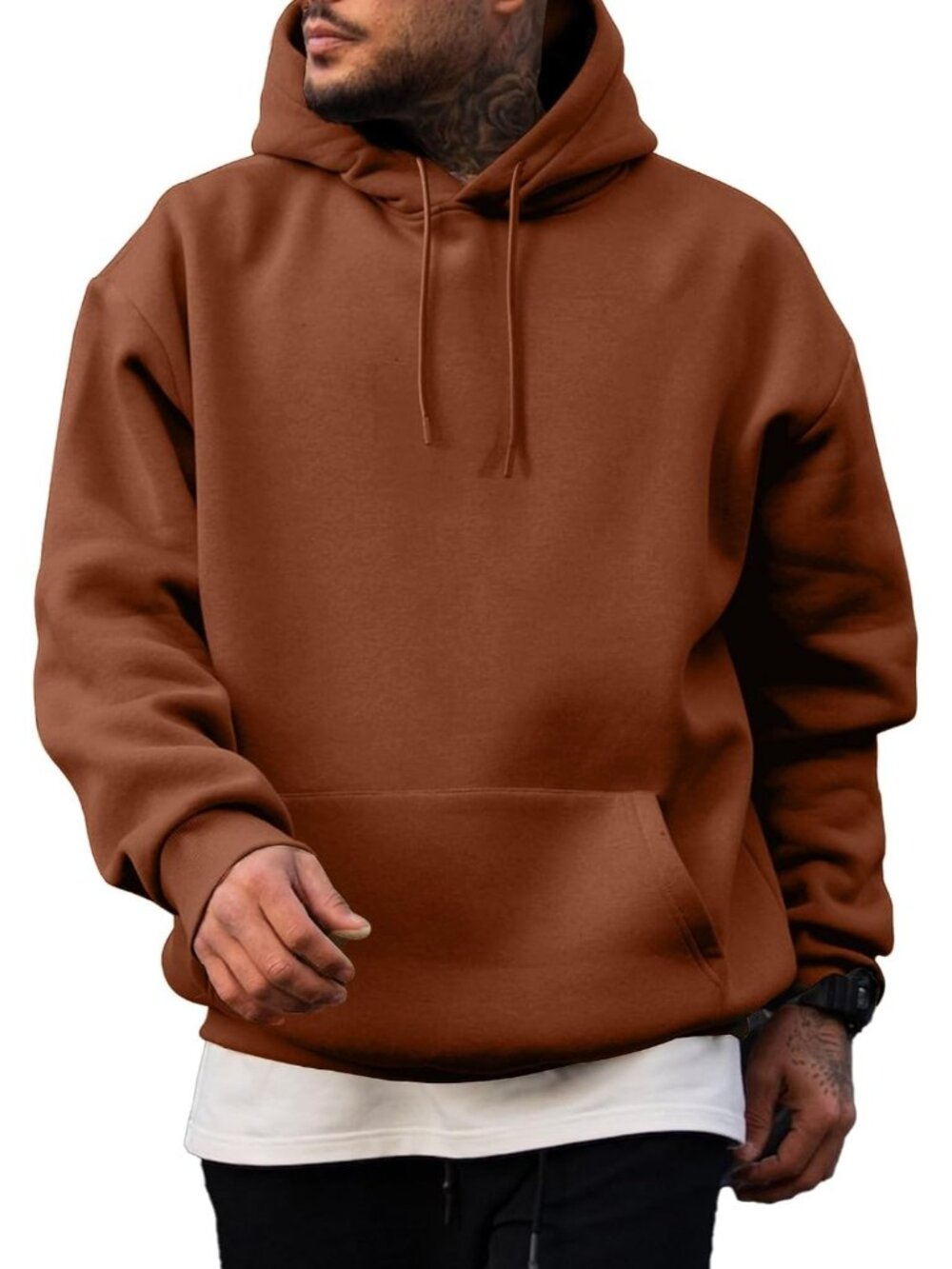 Men's Chestnut Fleece Lined Oversized Pullover Drawstring Hooded Sweatshirts
